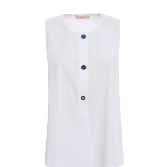 TORY BURCH TOP SIZE 10 WHITE 3 NOVELTY BUTTONS CLOSURE SLEEVELESS CRISP COTTON - Picture 5 of 10